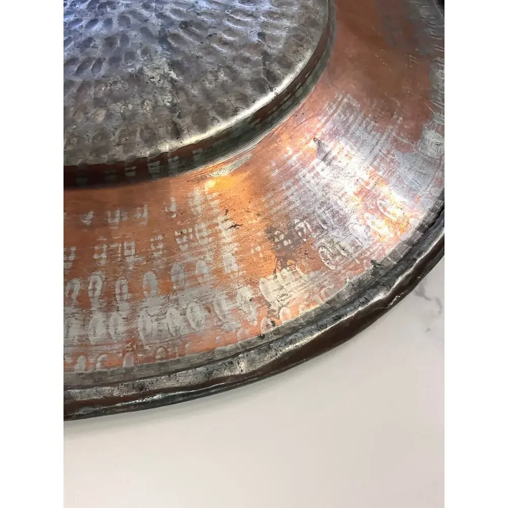 Vintage Hammered Copper Platter Large Turkish Bowl Tinned Rolled Edge 15 In